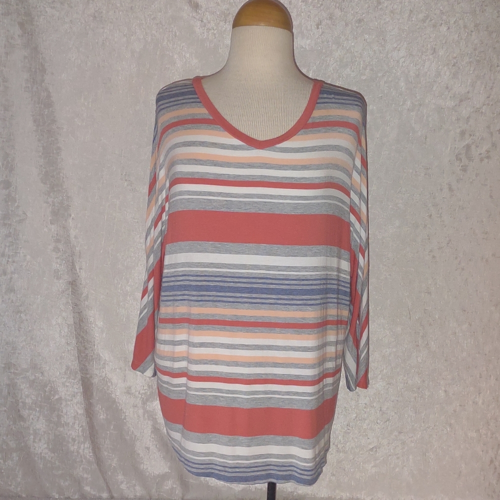 SUNDAY DressBarn Striped, Dolman Cold Shoulder Sleeves, Gray Orange Blue Top